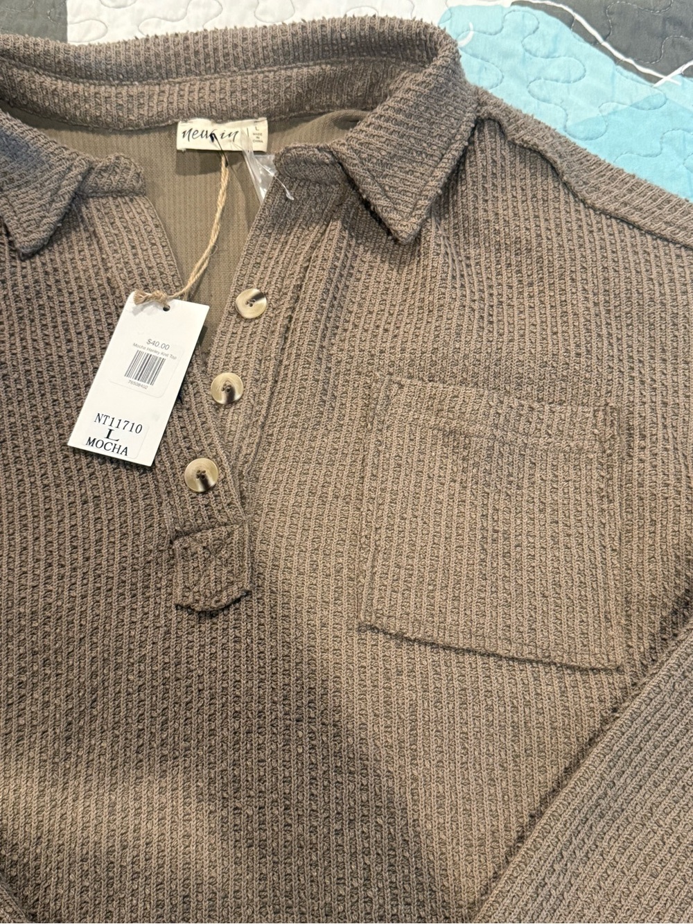 Waffle Knit Long Sleeve Polo - Brown large - Picture 4 of 4